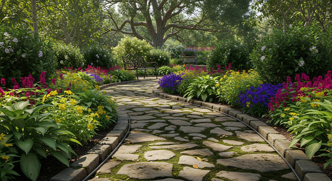 Idyllic garden scene perfect for landscape design inspiration, gardening blogs, or serene backgrounds. Stone path winds through colorful flowers, lush greenery. Landscape art.