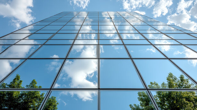 Reflective glass building with blue sky and clouds, showcasing modern architecture and nature - Powered by Adobe