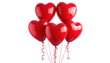 Bunch of vibrant red, heart-shaped balloons with curling ribbons floating against a stark black background
