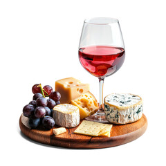 A glass of red wine with a selection of cheeses and grapes on a wooden tray.