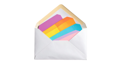 Open white envelope reveals a stack of colorful paper strips layered diagonally, suggesting correspondence or creative expression