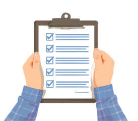 Illustration of Hands Holding Gray Clipboard with Blue Checkboxes on Transparent Background, Detailed Paperwork Graphic, Business Concept Vector with No People, PNG