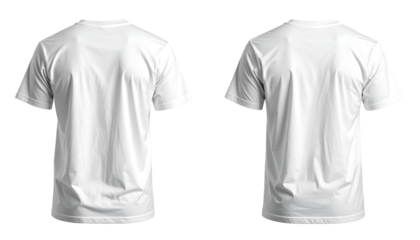 Two white t-shirts, back view, showcasing fabric folds and shadows, on a transparent background, ready for design