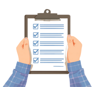 Illustration of Hands Holding Gray Clipboard with Blue Checkboxes on Transparent Background, Detailed Paperwork Graphic, Business Concept Vector with No People, PNG - Powered by Adobe