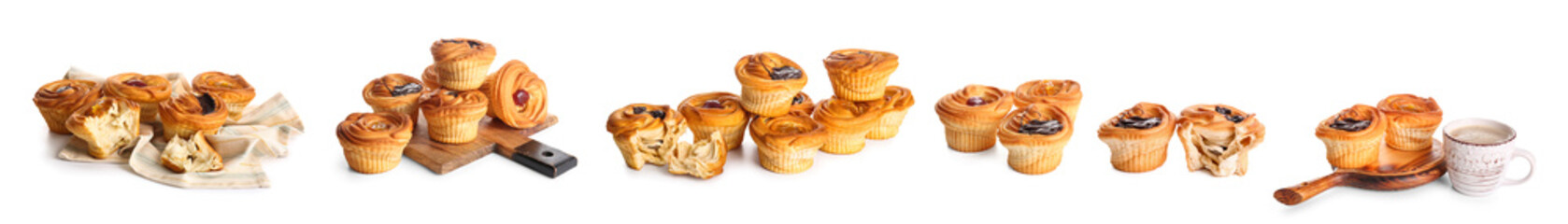 Set of tasty cruffins on white background