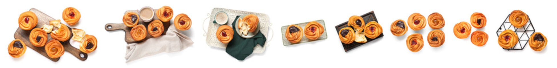 Set of tasty cruffins on white background, top view