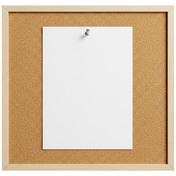 Blank white paper sheet pinned to a natural cork board with a light wooden frame