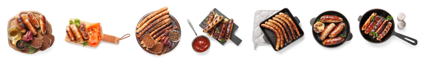 Set of delicious grilled sausages on white background, top view