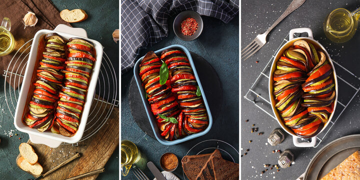 Collage of tasty ratatouille on table, top view