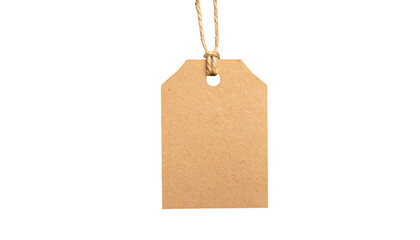 A hanging, rectangular, brown paper tag is isolated against a stark black background, casting soft shadows