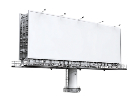 Isolated Billboard Advertisement Structure Mockup with White Canvas on Transparent Background Steel Framework and Support Pole in Outdoor Advertising Media, PNG