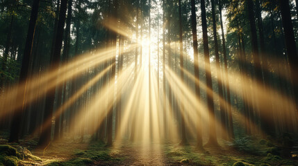 Fototapeta premium Soft light through fog in pine forest creates serene atmosphere with golden rays