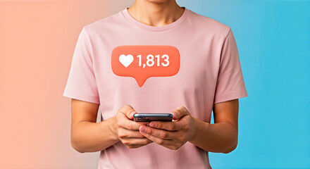 Young adult holding smartphone with social media notification, showcasing engagement metrics, vibrant background, representing digital communication and online interaction