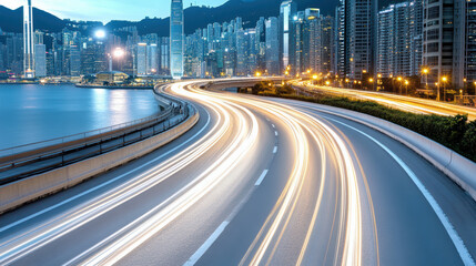 Fototapeta premium City skyline, light trails, urban landscape, night scene, tranquil energy