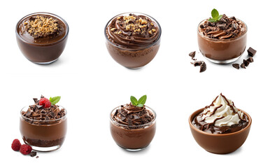 Six bowls of chocolate mousse with whipped cream and chocolate shavings.