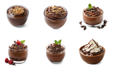 Six bowls of chocolate mousse with whipped cream and chocolate shavings.