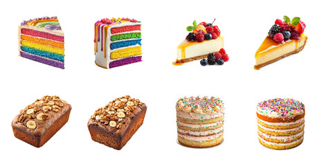 A variety of colorful cakes and breads with different textures and toppings.