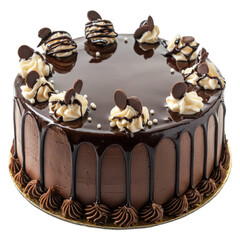 A beautifully decorated chocolate cake with a glossy chocolate glaze and piped cream cheese frosting, adorned with chocolate cookies and sprinkles.