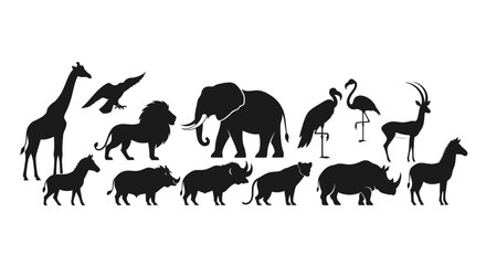 Fototapeta premium Silhouette illustration of various African animals including giraffe, lion, elephant, rhino, zebra, and birds.