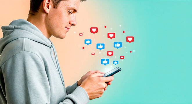 Young man in gray hoodie interacts with smartphone, surrounded by floating social media icons, representing digital engagement and online communication trends