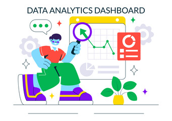 Data Analytics Dashboard Illustration Featuring Marketing Analytics With Performance Graphs, Conversion Metrics, And Charts In A Flat Background
