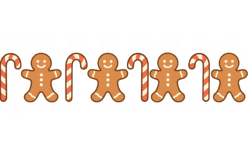 Gingerbread men and candy canes creating a sweet christmas holiday border for seasonal designs and celebrations. Transparent background