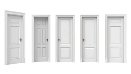 Five vertically aligned, white interior doors in various styles, facing forward against a black background