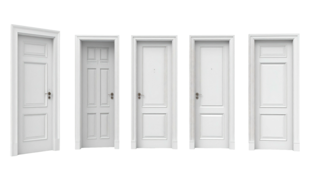 Five vertically aligned, white interior doors in various styles, facing forward against a black background - Powered by Adobe