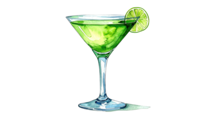 Watercolor style art of a vibrant, green cocktail in a martini glass, garnished with a lime slice on black