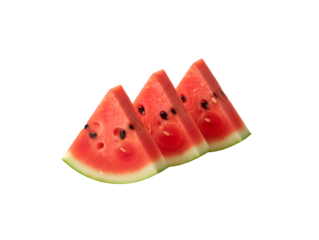 Three pieces of fresh watermelon set against a white background. A standalone object