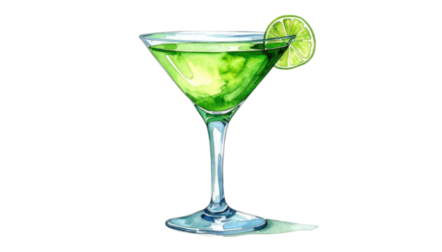 Watercolor style art of a vibrant, green cocktail in a martini glass, garnished with a lime slice on black - Powered by Adobe
