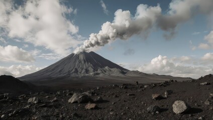 Barren landscape with volcano erupting under a partly cloudy sky