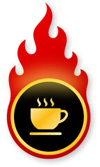 Shiny Gold Coffee Cup Icon on Fire for Black Friday Hot Drink Promotion