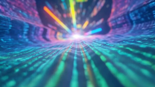 A vibrant abstract tunnel with a patterned floor and walls illuminated by a central bright light showcasing glowing numbers and light streaks in multiple colors