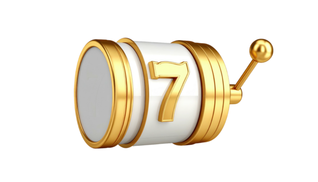 Isolated golden-edged slot machine with a number seven displayed against a solid black backdrop