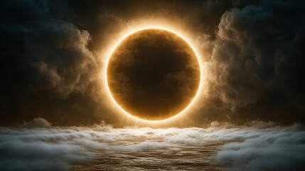 Eclipse surrounded by clouds creates mystical atmosphere over ocean waves