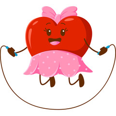 Cartoon Red Heart Character Wearing Pink Skirt and Bow Jumping Rope with Joyful Expression and Transparent Background