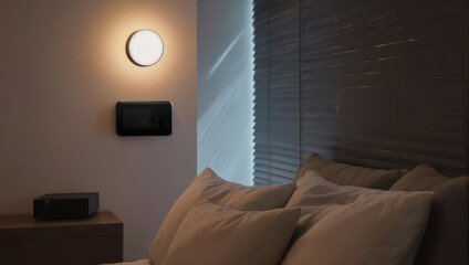 Bedroom interior with dim lighting, smart thermostat, bedside table and window blinds