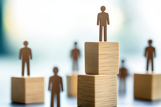 Hierarchy Concept: The symbolic representation of people standing on blocks in a hierarchical arrangement, with the focused figure positioned prominently, embodies leadership, status.