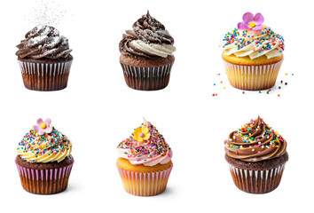 Six cupcakes with different toppings and decorations.