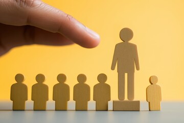 Leadership Selection and Recognition: A human hand selecting a wooden figure signifying leadership from a line of similar figurines, embodying the essence of leadership selection and acknowledgement.