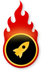 Shiny Gold Startup Rocket Icon on Fire for Black Friday Business Deals