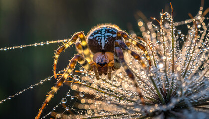 Macro photo of a spider weaving a web covered in morning dew, fine detail on silk threads and spider body, backlit by sunlight