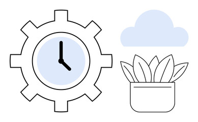 Gear with clock face symbolizes time and productivity, paired with cloud for connectivity and plant for growth. Ideal for workflow, efficiency, balance, innovation, sustainability, teamwork, simple