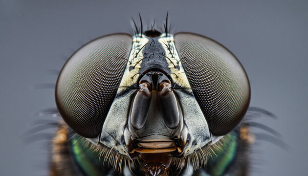 Extreme macro close-up of a fly’s compound eyes, showing hexagonal pattern detail and fine hair texture, laboratory-style lighting, neutral background