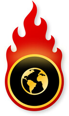 Shiny Gold Global Icon with Flames for Black Friday Worldwide Sale