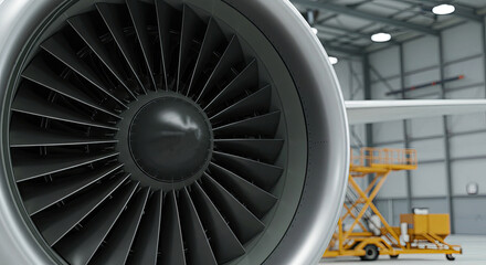 Close-up of airplane jet engine in hangar