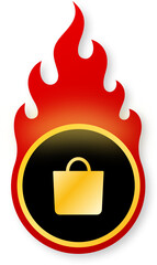 Shiny Gold Shop Bag Icon with Flames for Black Friday Retail Sale