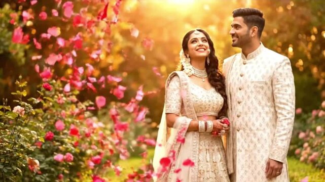 indian wedding couple joyfully standing among falling rose petals