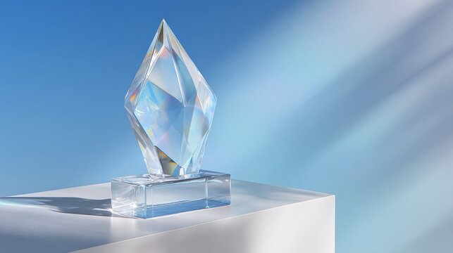 Stunning crystal trophy gleams with prismatic light on a modern pedestal, symbolizing achievement and excellence against a serene blue backdrop.